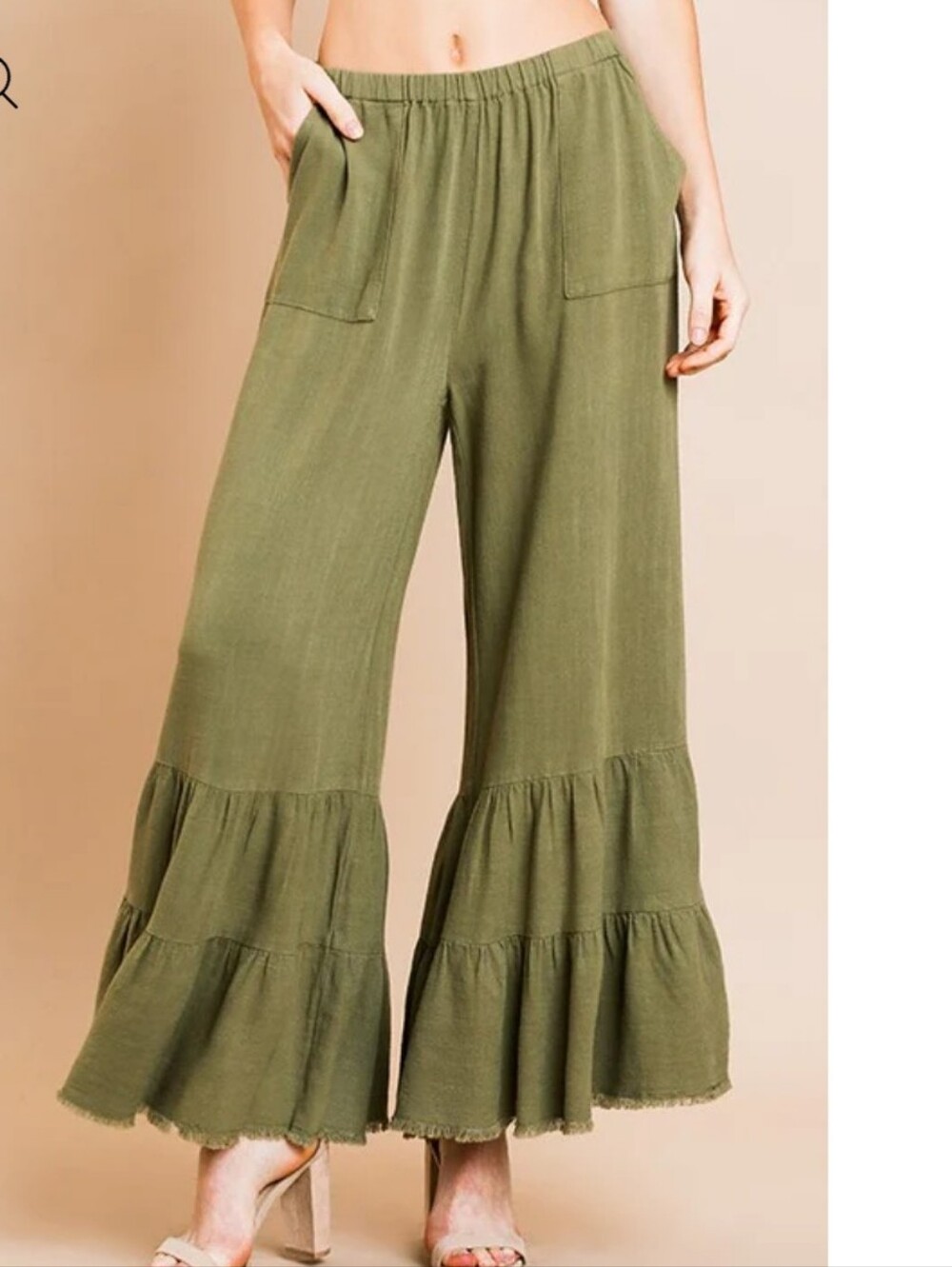 Umgee Olive Tiered Wide-Leg Pants Size Medium - Picture 3 of 6